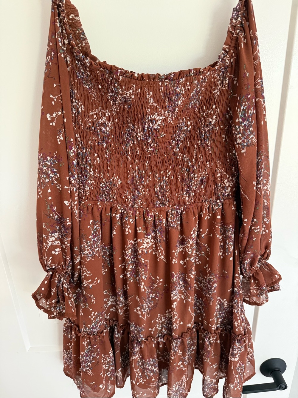Promesa Rust Floral Smocked Tiered Mini Dress